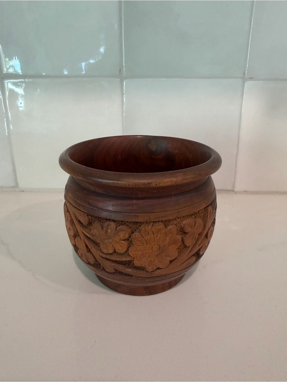 Vintage Hand-Carved Floral Wooden Decorative Bowl / Cachepot